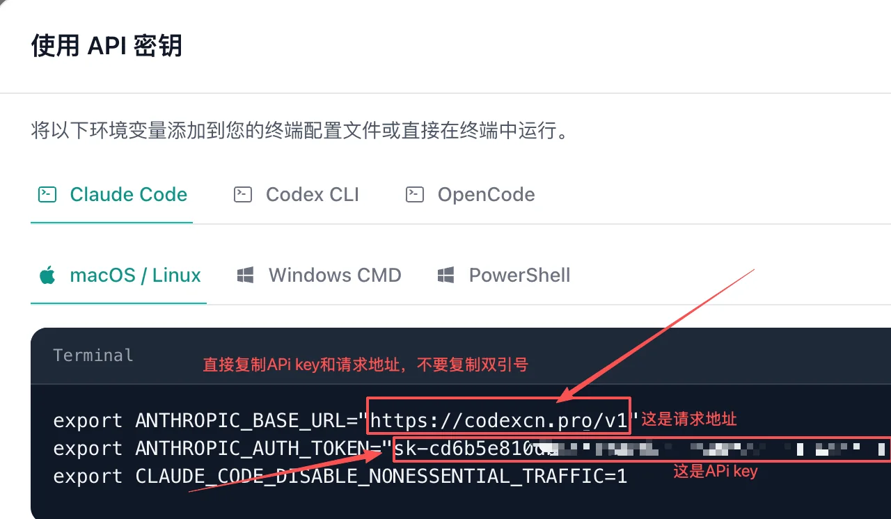 使用 API 密钥弹窗，显示请求地址与密钥